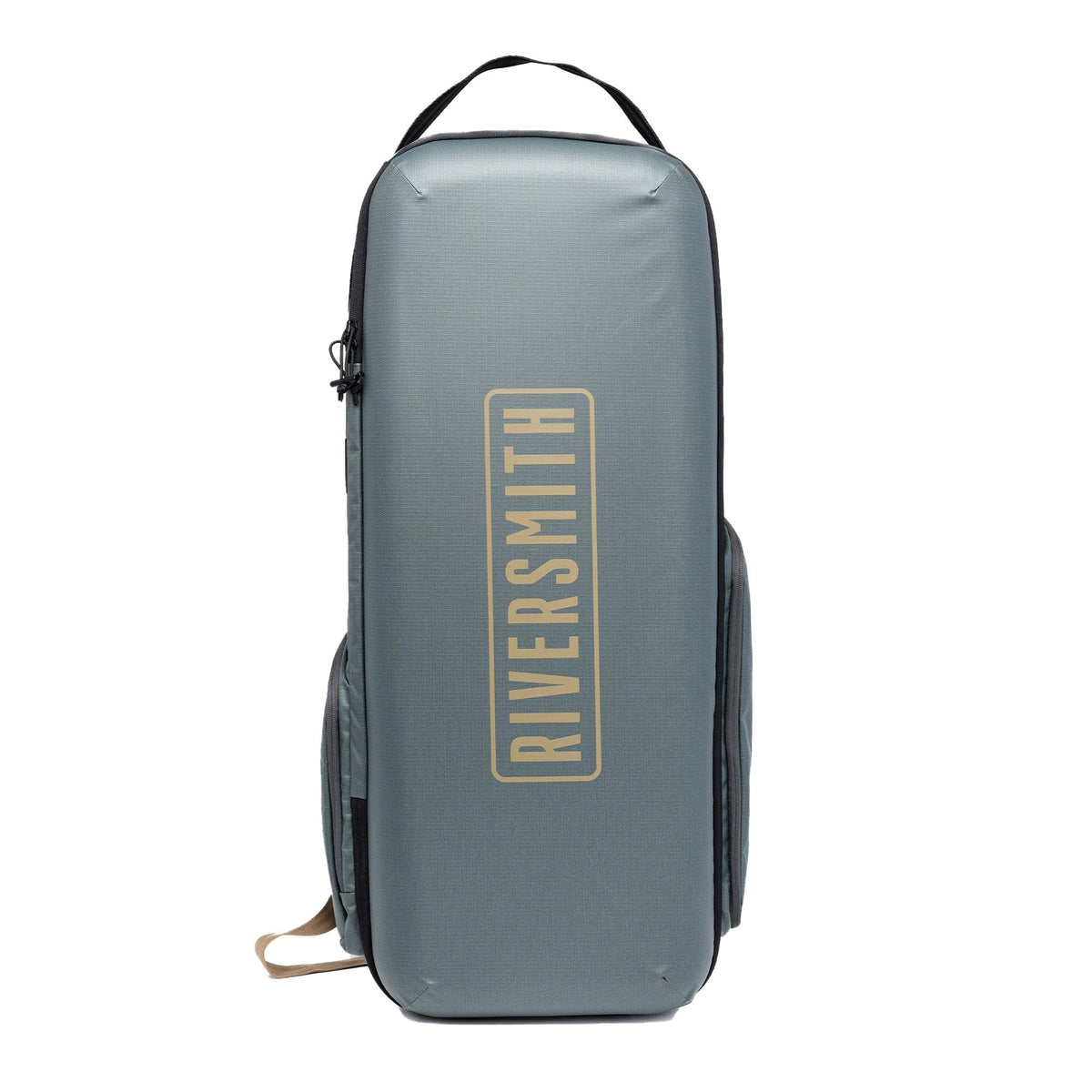 Riversmith The Travel Pack gray fly fishing travel bag with tan logo and top handle for gear transportation