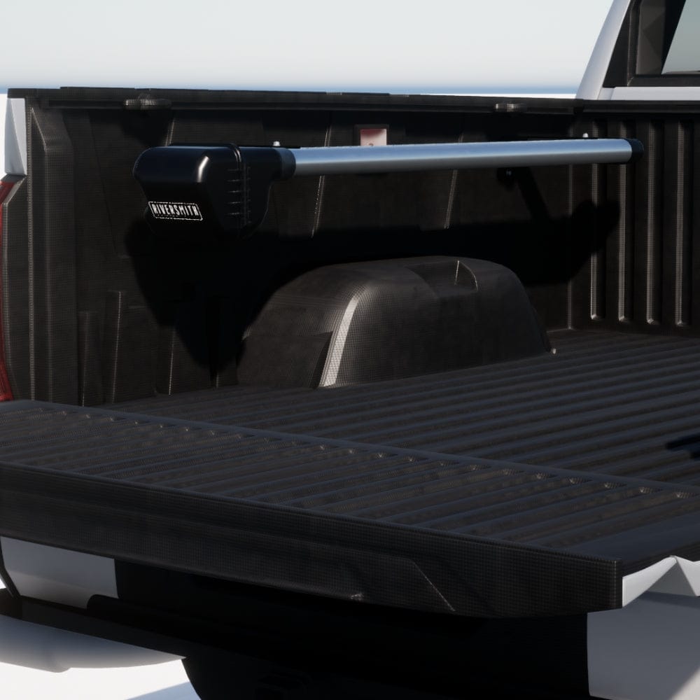 Riversmith truck bed river quiver black fishing rod rack mounted on pickup truck bed with metal pole and storage system