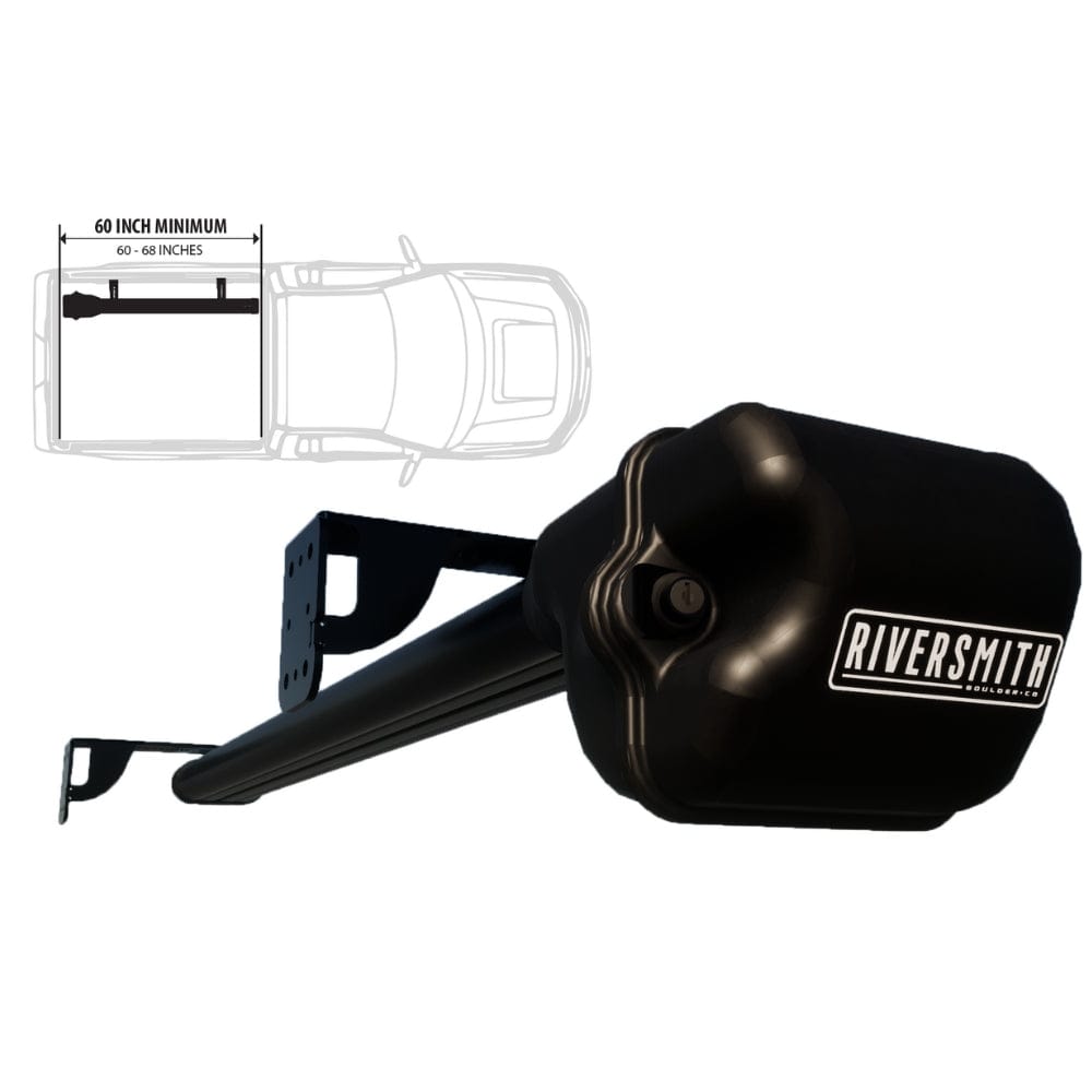 Riversmith black truck bed rod holder with 60-68 inch adjustable mounting bar for secure fishing rod storage