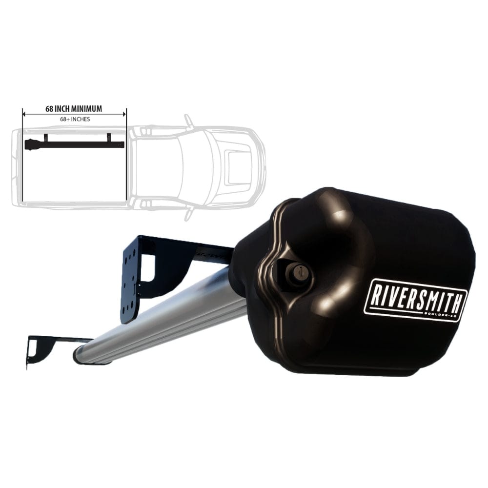 Riversmith black truck bed rod holder with silver aluminum pole and mounting brackets, 68 inch minimum capacity