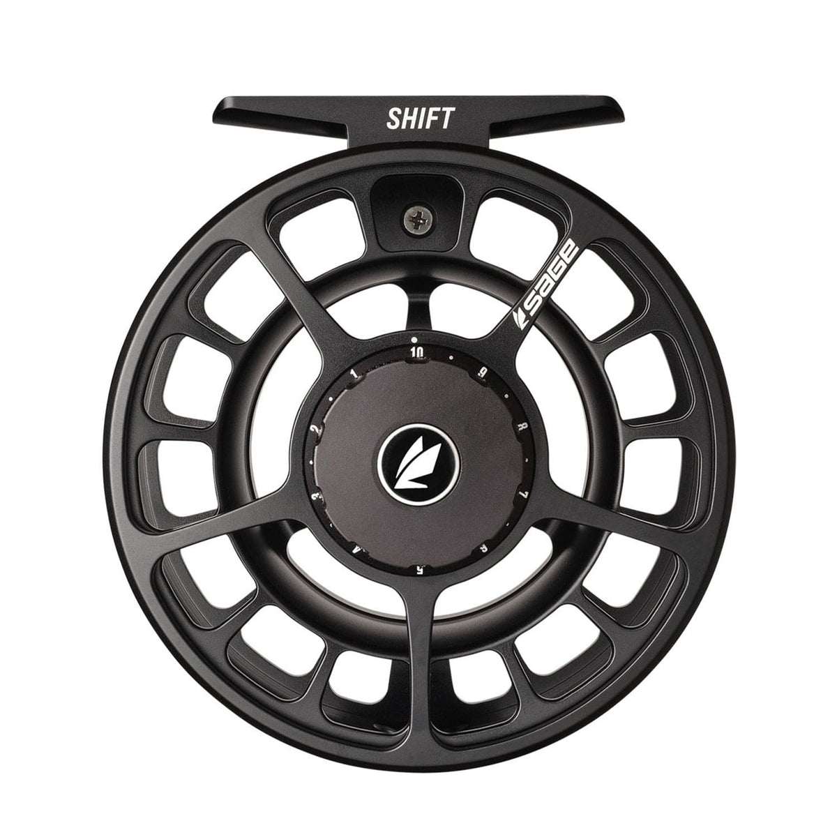 Black anodized Sage Shift fly reel, large-arbor machined aluminum spool with white SHIFT and Sage logos