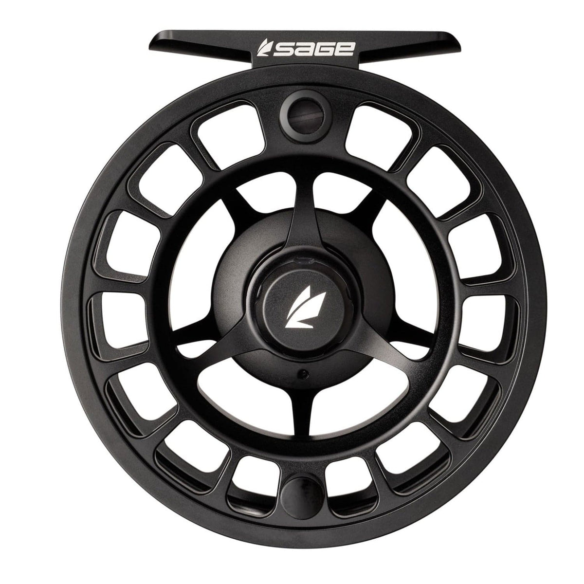 Matte black machined-aluminum Sage Shift fly reel, large-arbor vented spool with white logo
