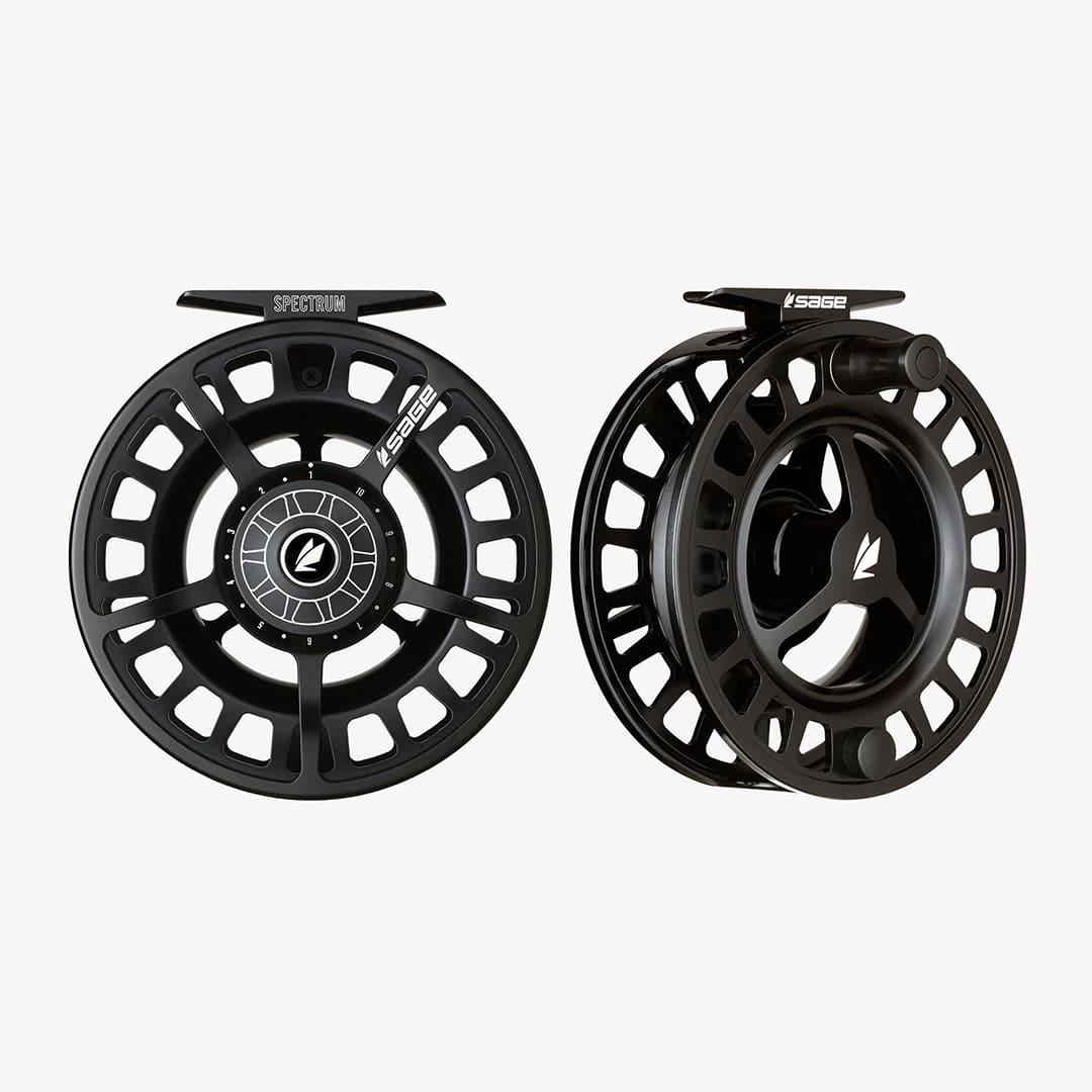 Matte black anodized aluminum Sage Spectrum fly reel, large-arbor vented spool with ergonomic knob handle