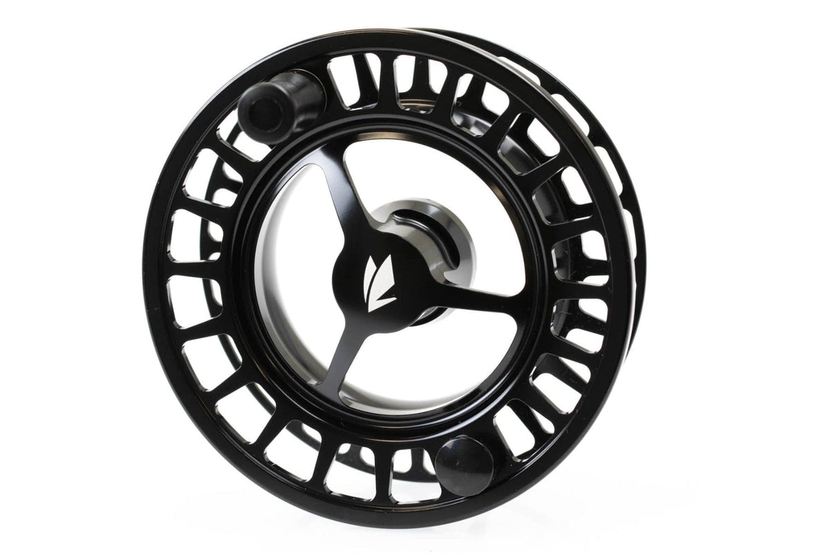 Black Sage Spectrum large-arbor machined aluminum fly reel with vented spool, black knob handle and Sage logo