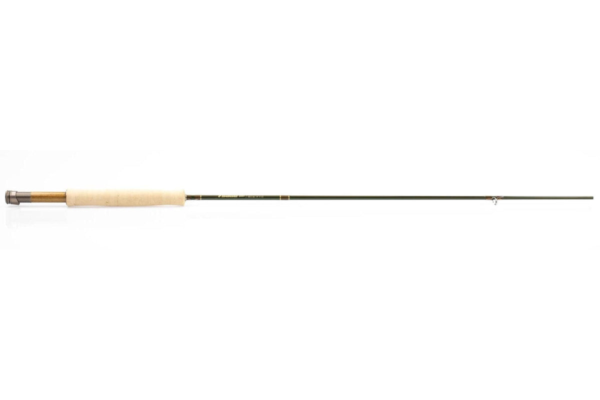 Sage Dart olive-green graphite fly rod with light cork handle, wood-inset metal reel seat and slim guide