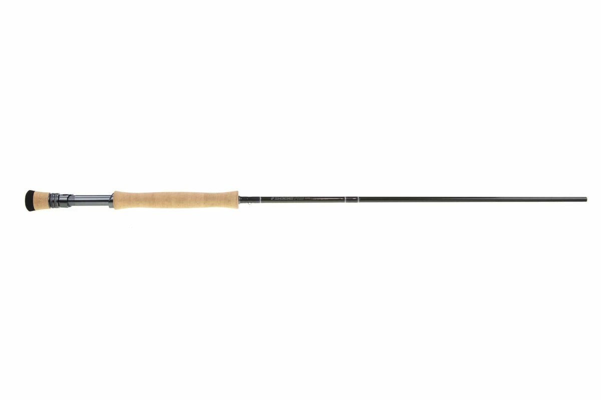 Sage R8 Core fly rod with long dark graphite blank, light cork handle and polished metal reel seat