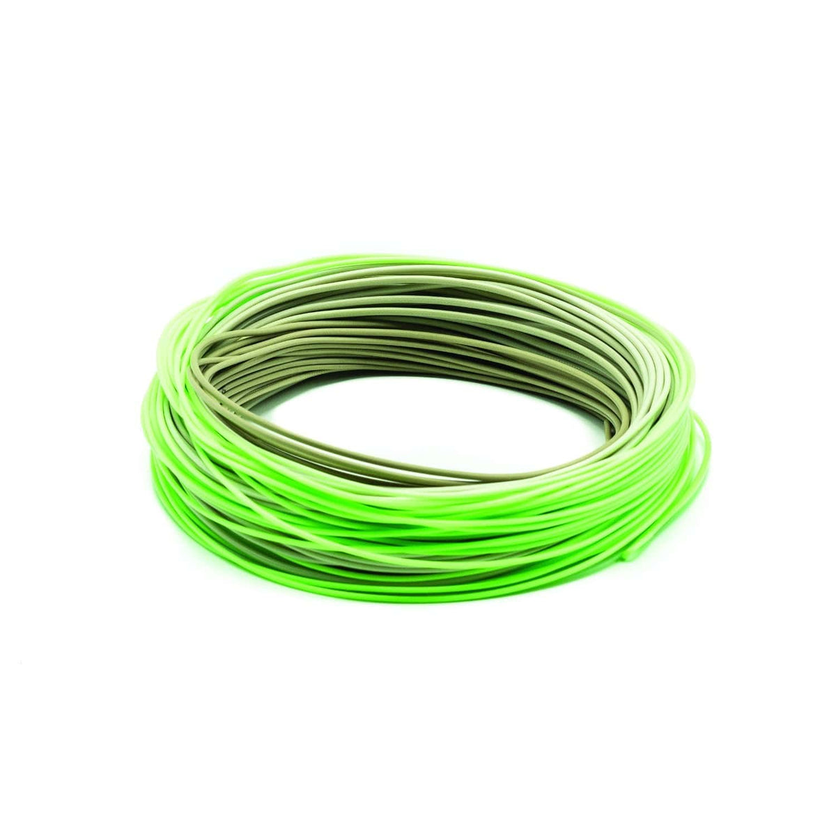 Coiled textured fly line in bright neon green fading to olive, smooth synthetic material for trout fishing