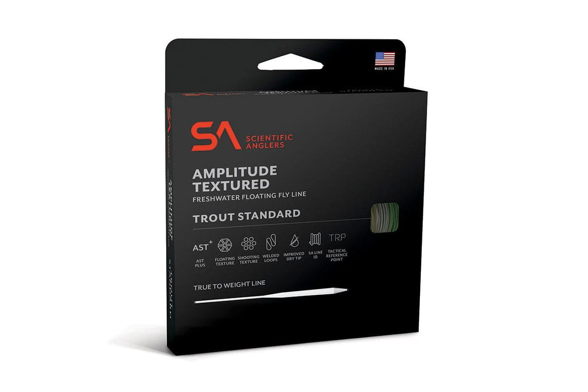 Black box packaging for Scientific Anglers Amplitude textured trout fly line with red SA logo and window showing green line