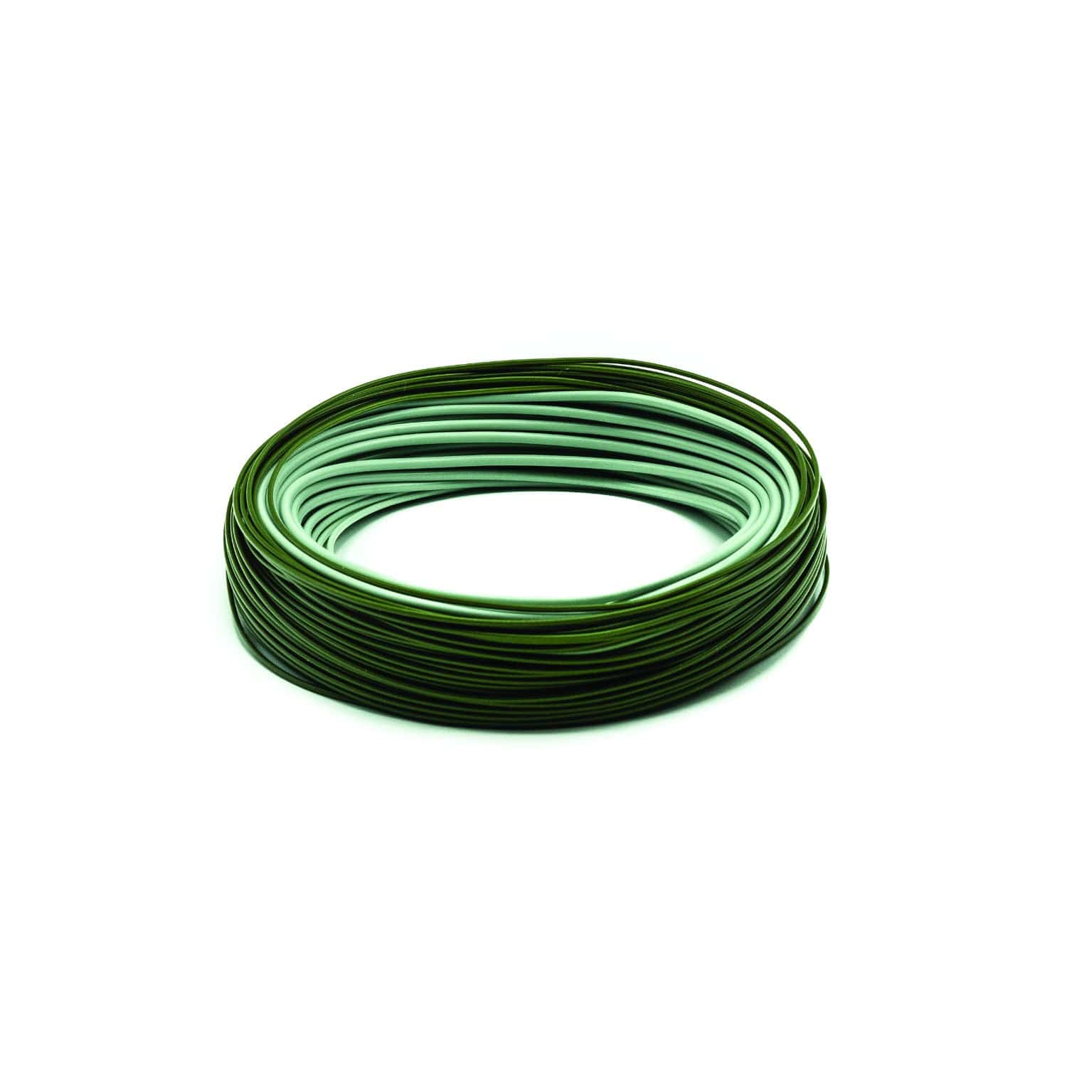 Coiled two-tone green PVC-coated bass bug fly line with olive outer and mint inner, smooth profile for bass fishing