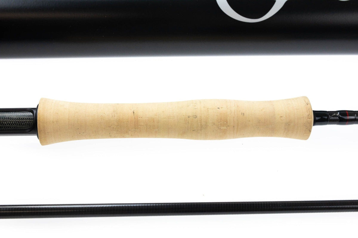Scott Centric fly rod with natural cork handle, black carbon fiber blank and glossy black reel seat