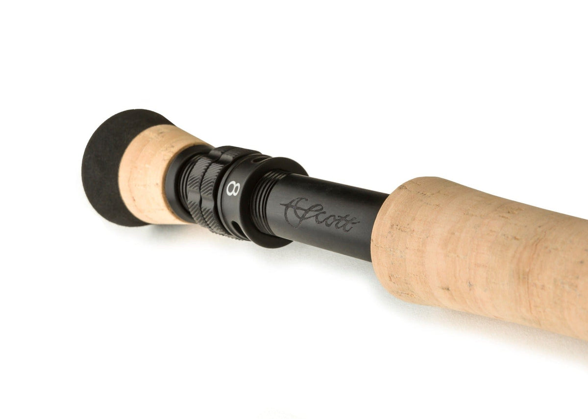 Scott Sector fly rod cork grip and black anodized reel seat with engraved Scott logo and textured locking nut