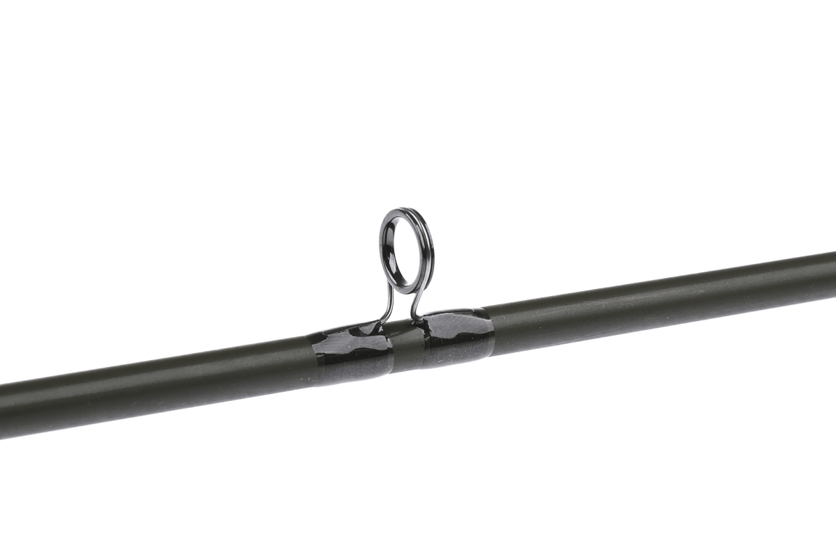 St. Croix Technica black fly rod with chrome guide ring on white background