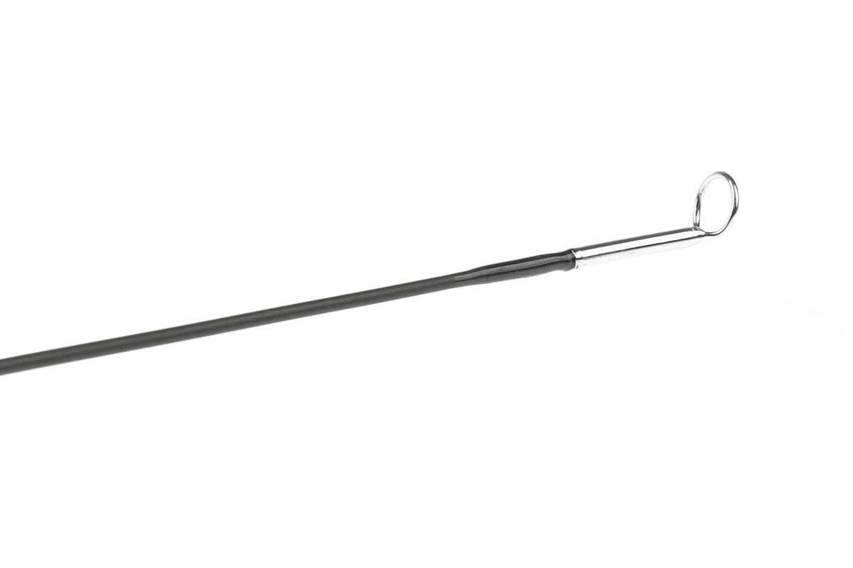 St. Croix Technica fly rod with dark gray handle and chrome guide ring on white background
