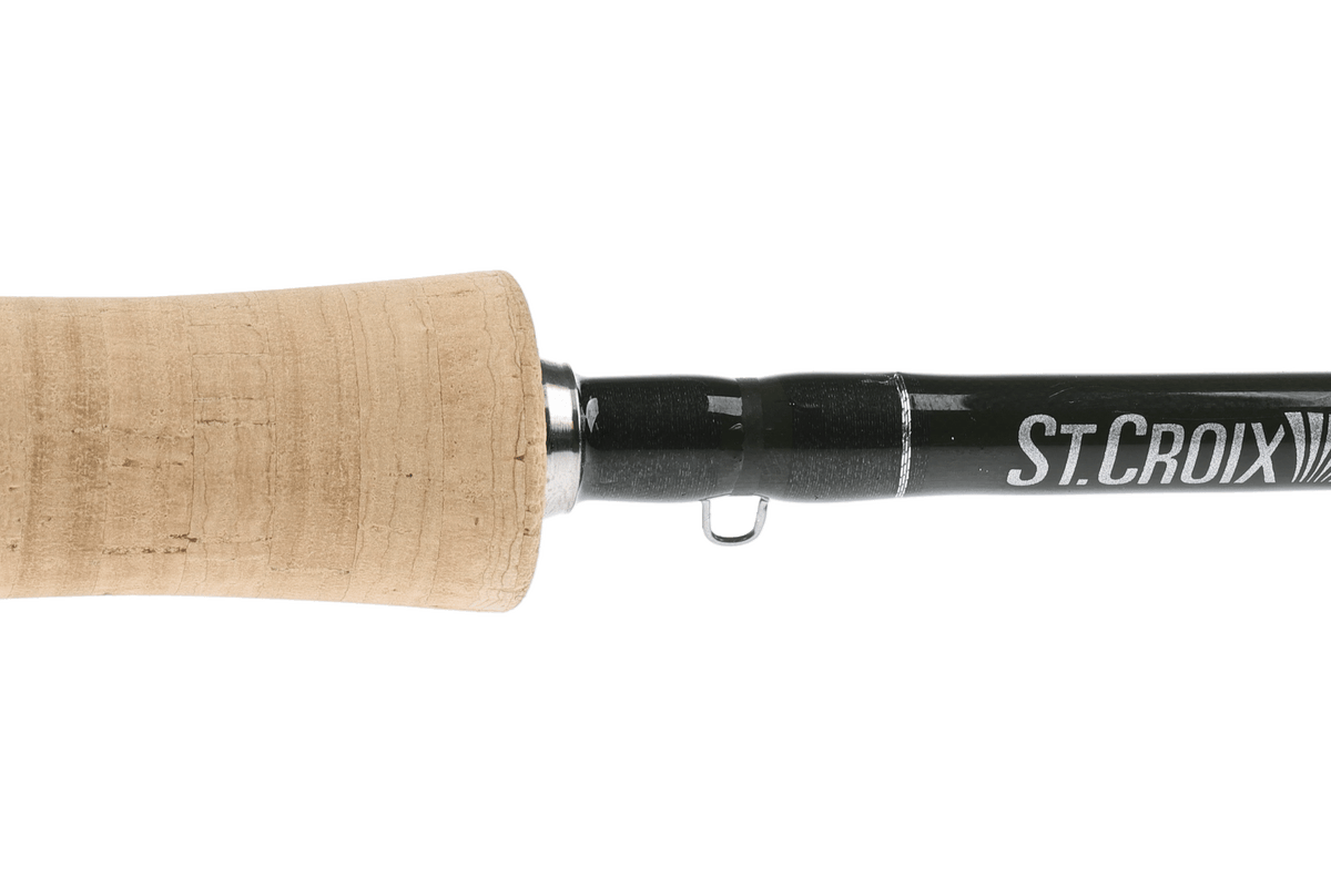 St. Croix Technica fly rod with natural cork handle and black graphite shaft, closeup view