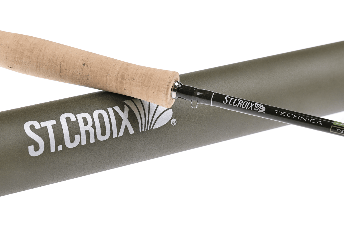 St. Croix Technica fly rod with cork handle and olive green blank displayed against white background