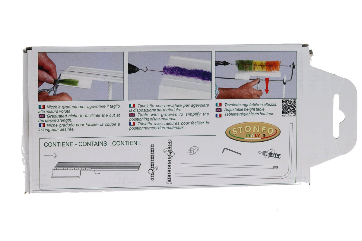 Stonfo fly tying dubbing brush tool with graduated niche, adjustable height table, and multi-colored brush samples on