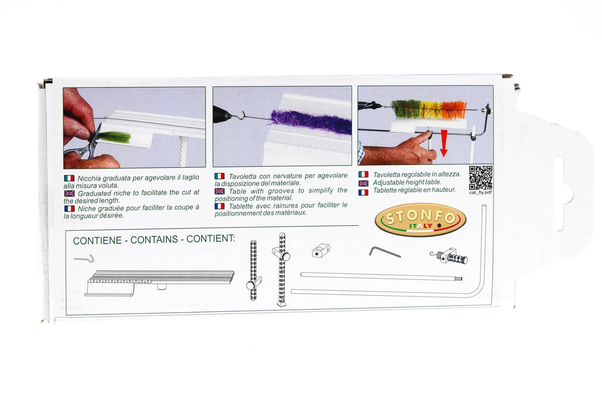 Stonfo Dubbing Brush fly tying tool with graduated niche, adjustable height table, and complete accessory set for material