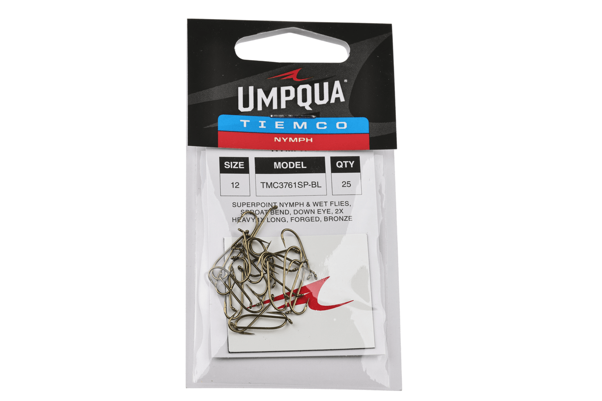 Bronze Tiemco size 12 forged nymph fly tying hooks, 25 count, in Umpqua clear retail package