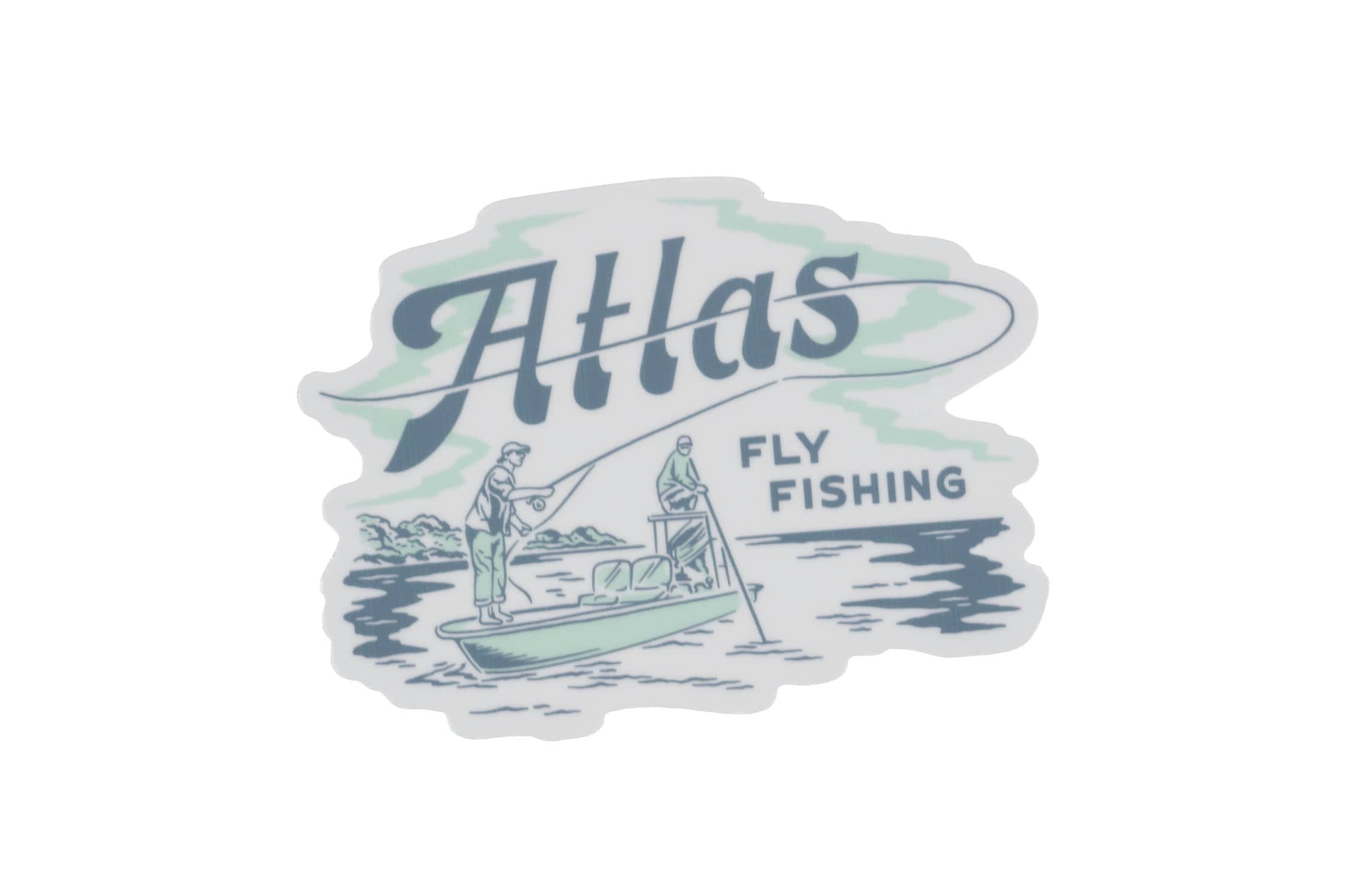 Die-cut vinyl sticker with teal and navy illustration of two anglers on a boat, Atlas logo and Fly Fishing text