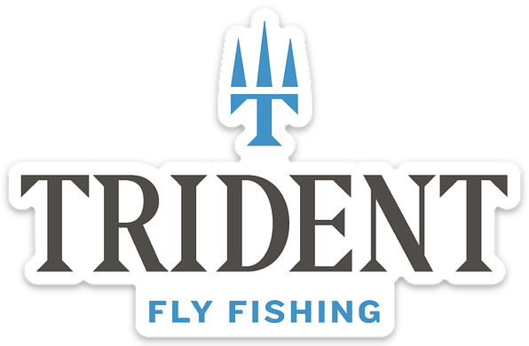White die-cut vinyl Trident Fly Fishing logo sticker with blue trident mark and charcoal wordmark