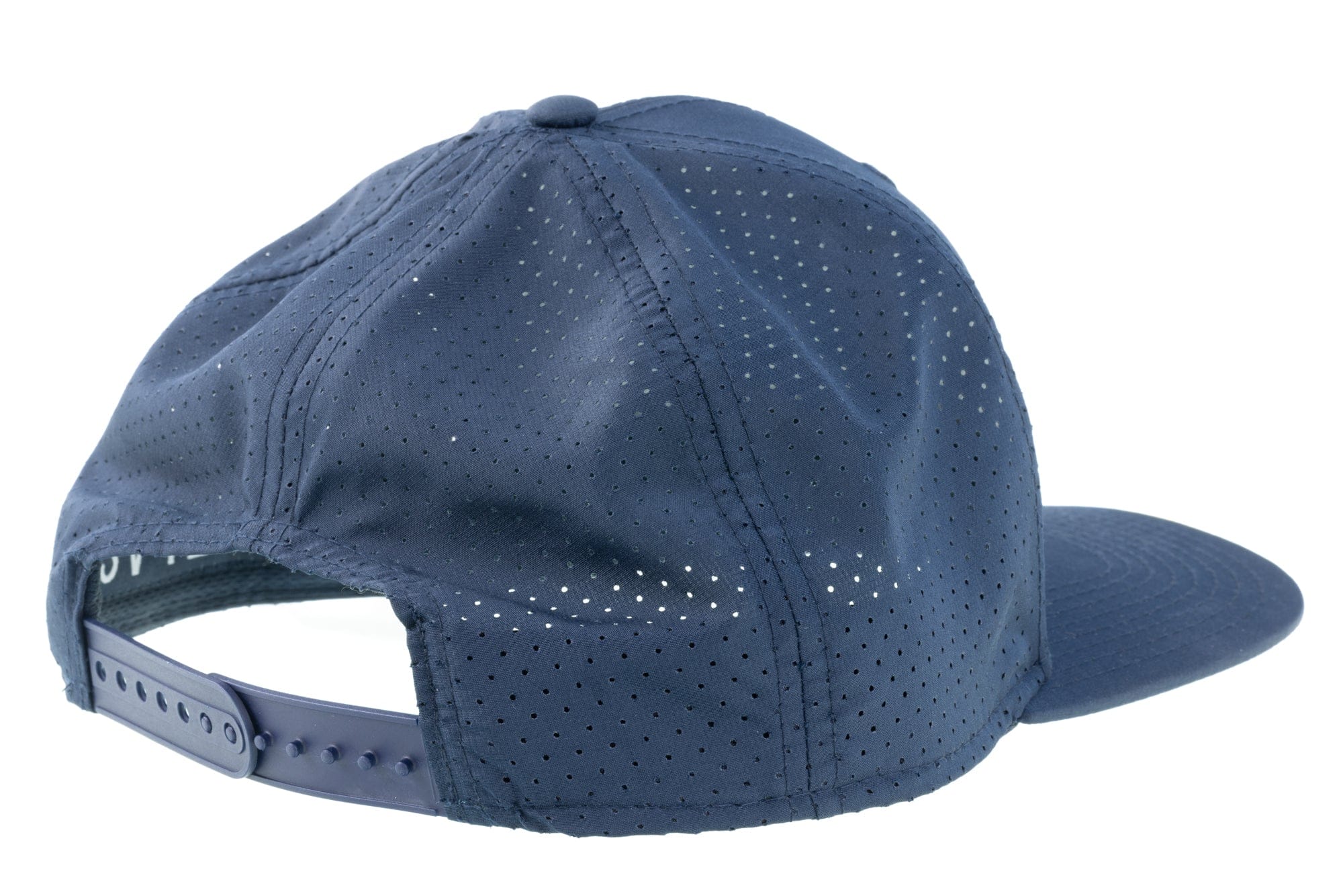 Trident Atlas navy perforated high-crown snapback hat with flat brim, breathable lightweight fabric