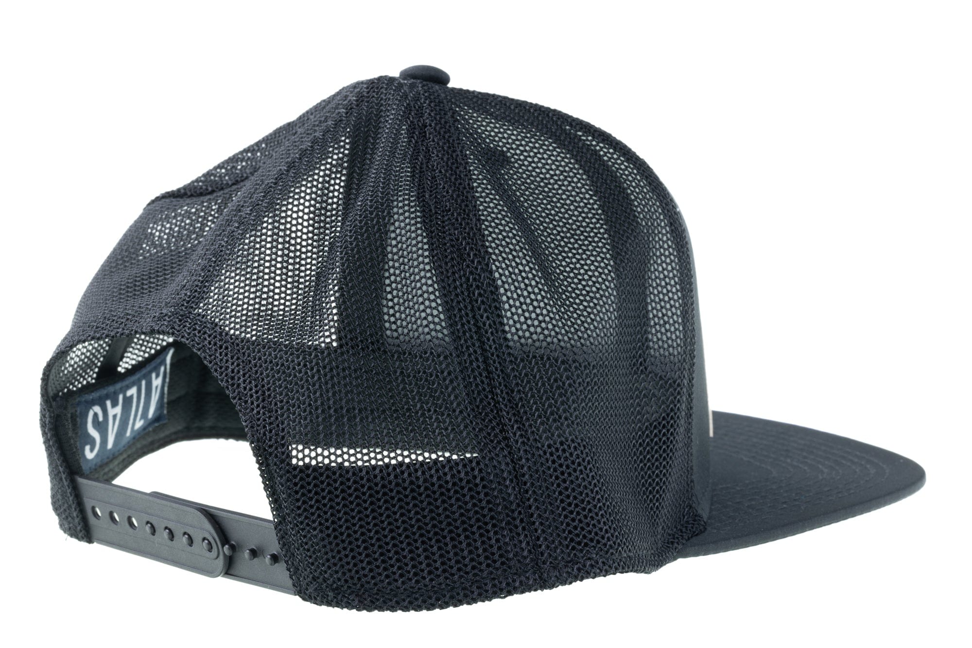 Trident Atlas black mesh high-crown trucker snapback hat with flat brim and adjustable snap closure