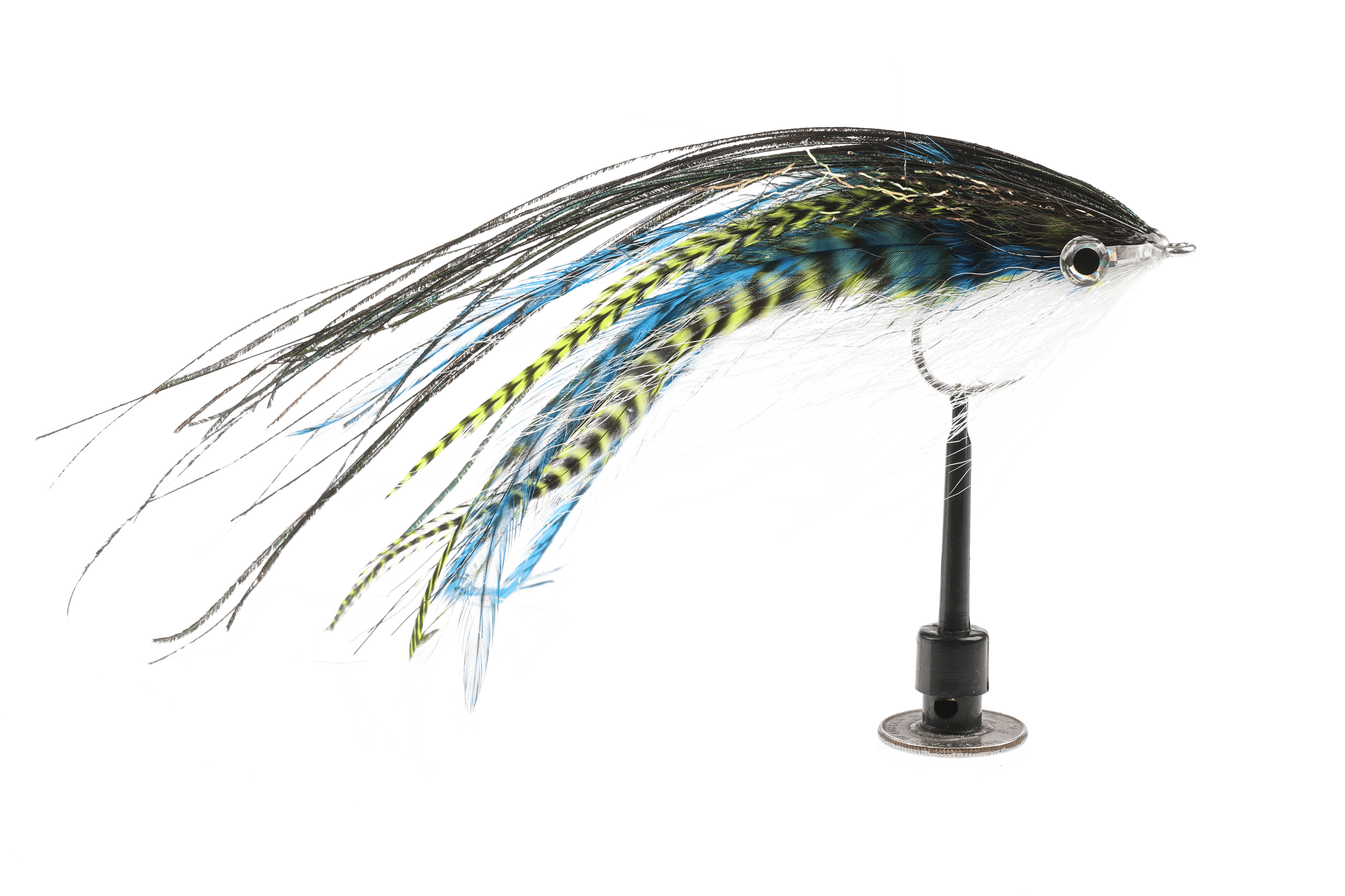Trident Big Mac streamer fly with blue, chartreuse and black barred feathers, white marabou skirt and holographic head