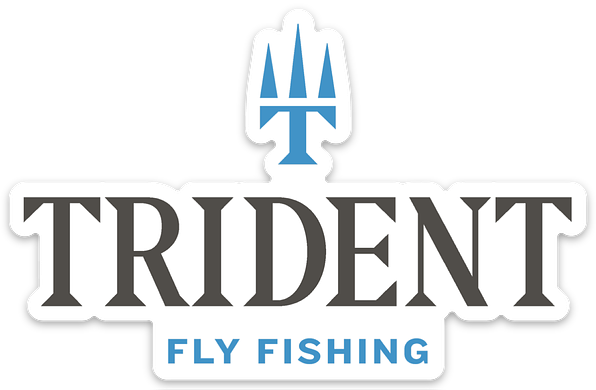 White die-cut vinyl Trident Fly Fishing logo sticker with blue trident mark and charcoal wordmark