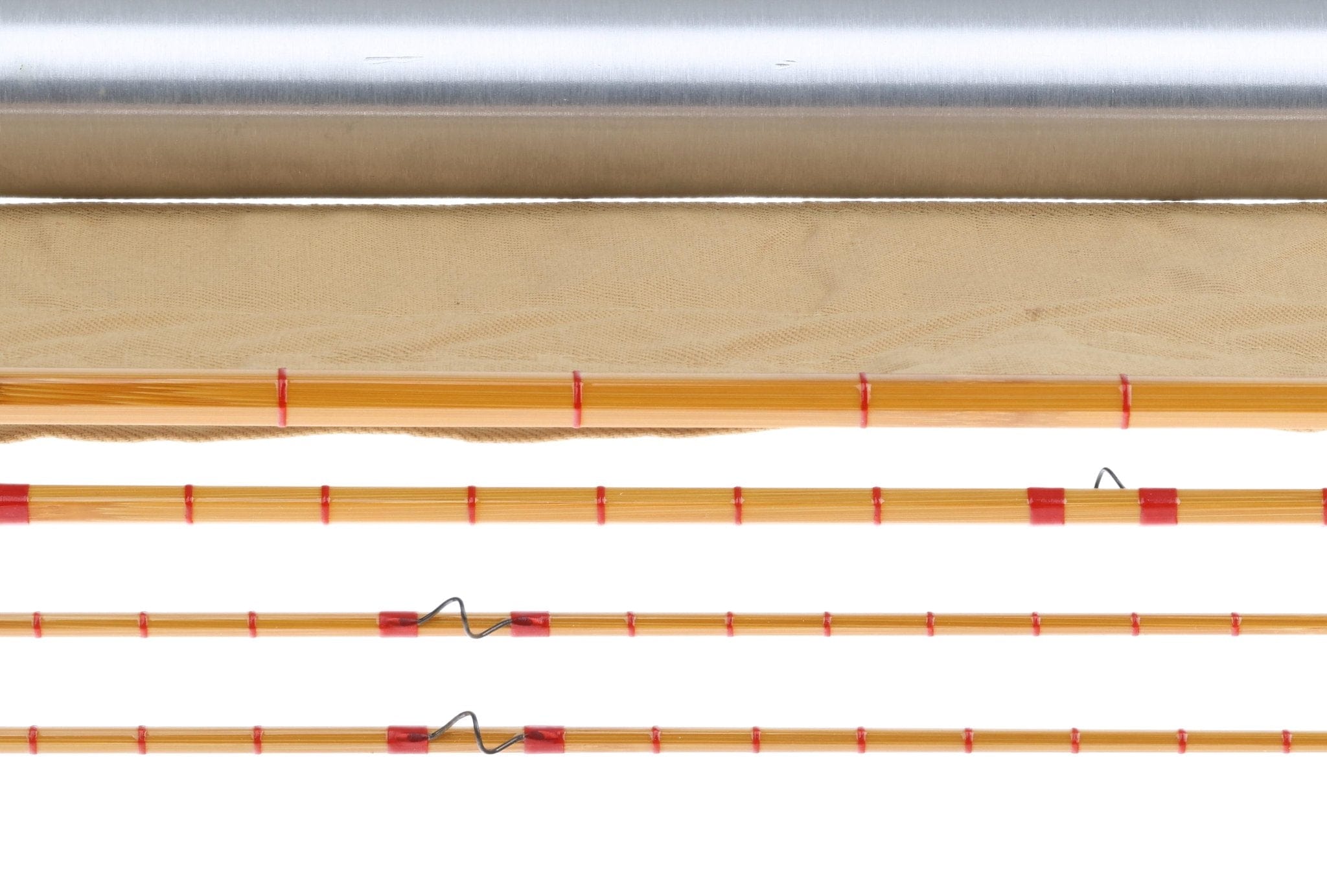 Honey bamboo fly rod sections with red thread wraps, metal guides and silver storage tube, vintage 3-piece 8ft6in 5wt rod