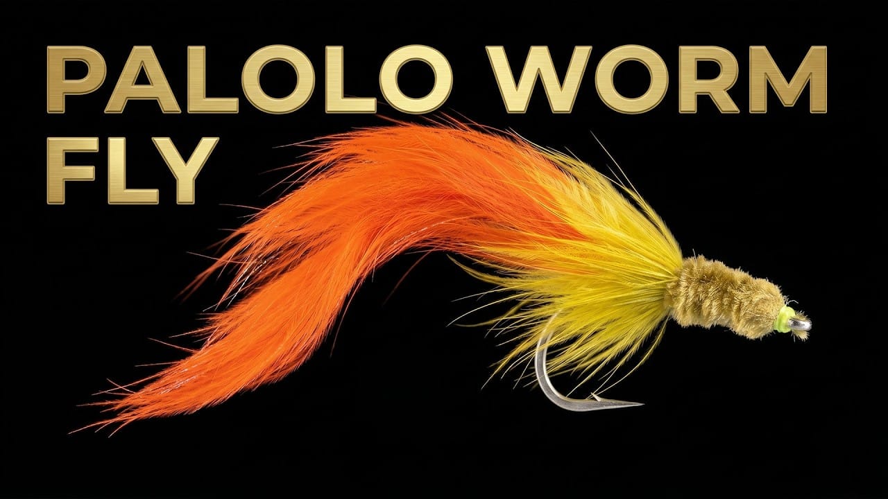 Palolo worm fly with long bright orange marabou tail and yellow fuzzy chenille body on a silver hook