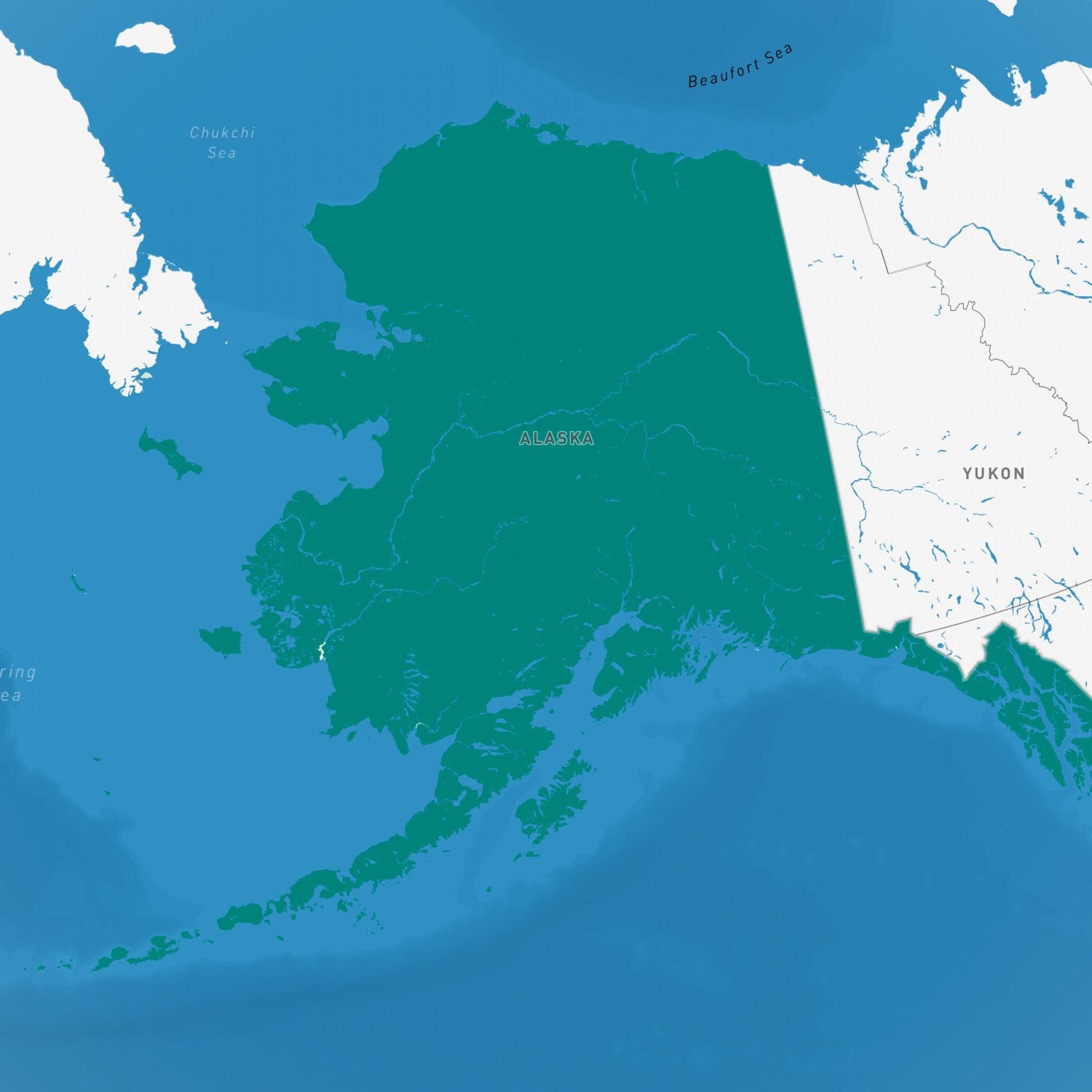 Teal map of Alaska with deep blue seas, Aleutians and labeled Yukon, background graphic for Alaska fly selection