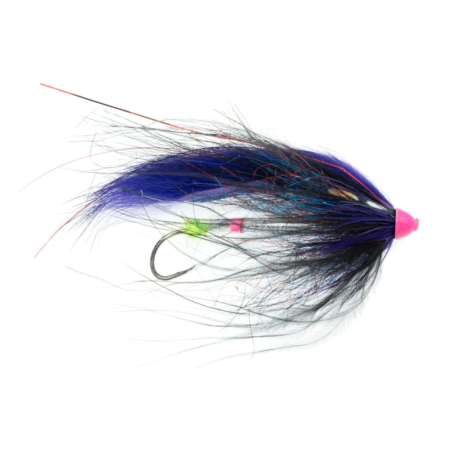 2-Salt tube fly with purple and black feather tail, blue flash tinsel, pink cone head and neon green accent