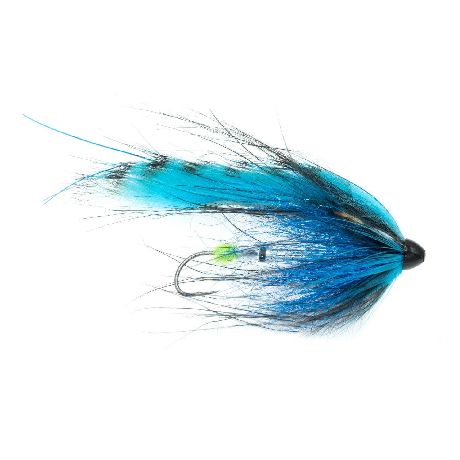 Umpqua 2-Salt blue and black feather tube fly with flashy synthetic fibers, black cone head and lime green accent on hook