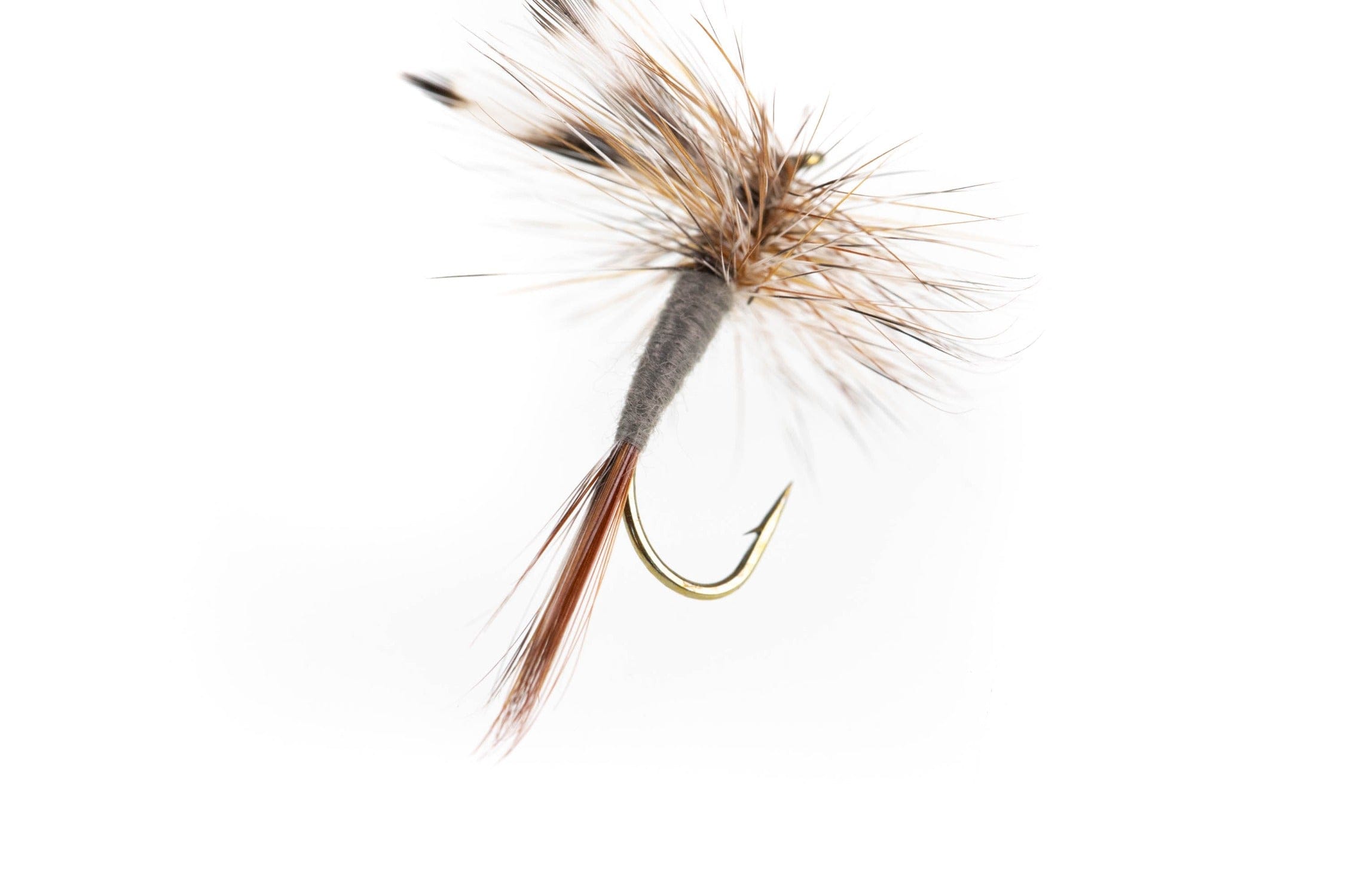 Umpqua Adams dry fly with gray dubbed body, brown grizzly hackle crown and brown tail on a gold hook for fly fishing