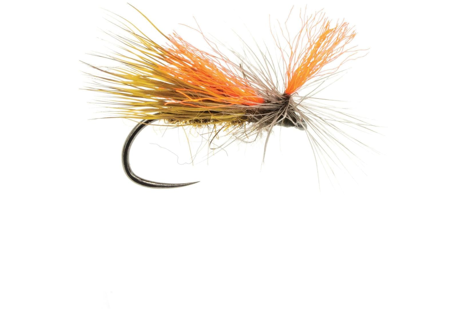 Umpqua Antonio's Superman caddis fly with orange wing, yellow-olive body and gray hackle on black hook fly fishing lure