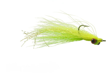 Umpqua Clouser Minnow fly chartreuse yellow-green synthetic fibers with red bead eyes and upturned silver hook