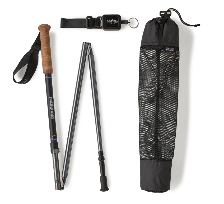 Patagonia wading staff set with cork handle, collapsible poles, carry bag, and accessory strap in black