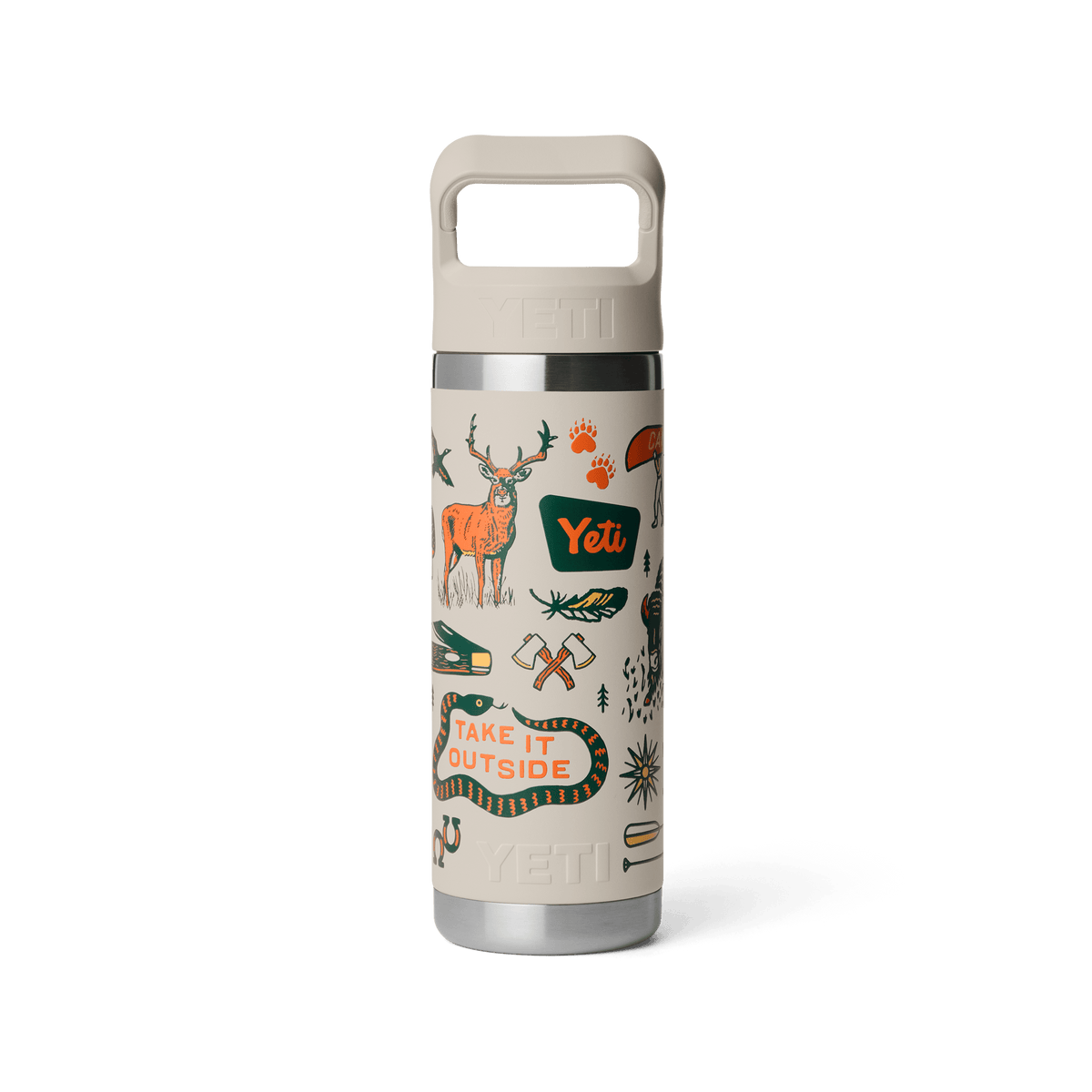 YETI Rambler 18 oz Water Bottle with Straw Cap in Cape Summer Camp, back view