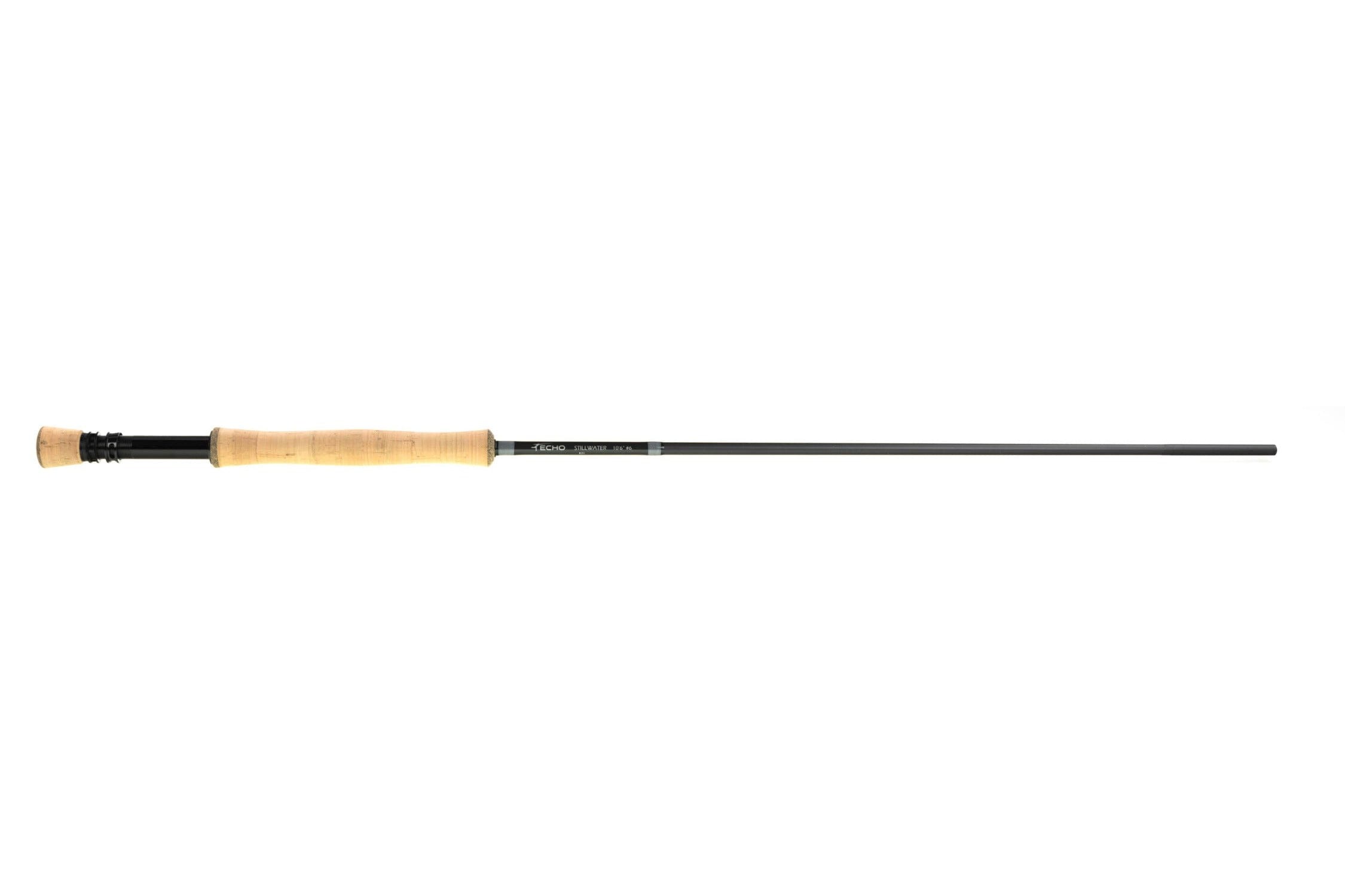 Echo Stillwater fly rod with natural cork handle and matte black graphite blank, slim stillwater rod