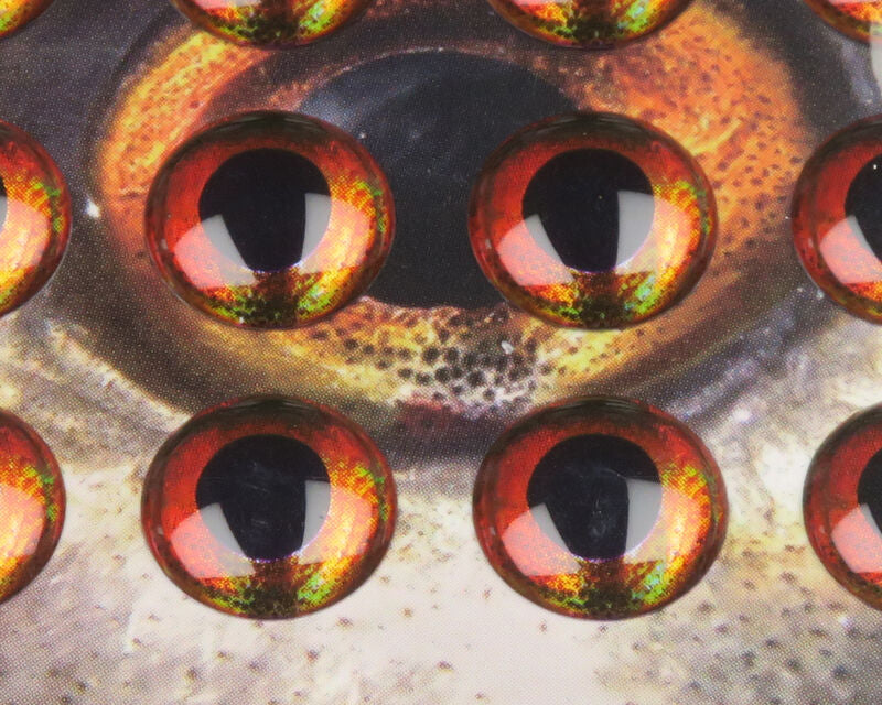 Sheet of Fish-Skull living eyes, iridescent red-gold domed fly tying eyes with black pupils and holographic shimmer