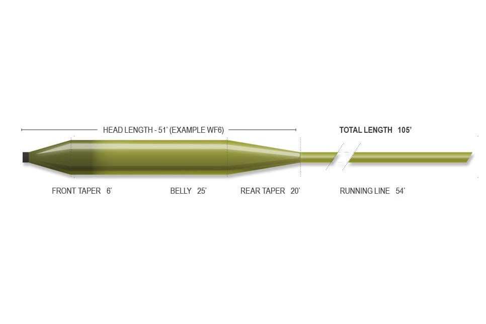 Airflo Superflo olive-green tapered fly line with 3ft anchor tips, bulbous belly and narrow running line, labeled tapers