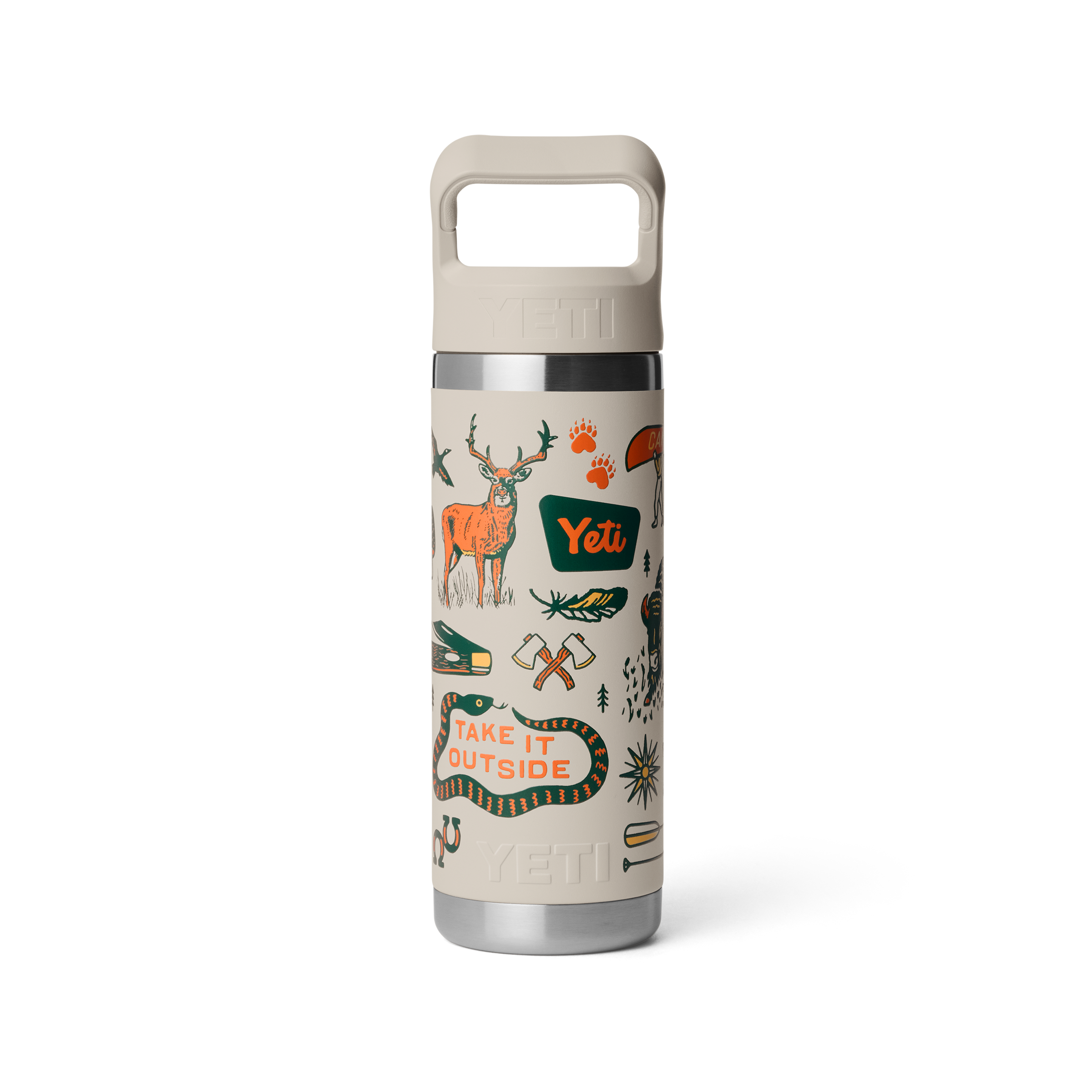 YETI Rambler 18 oz Water Bottle with Straw Cap in Cape Summer Camp, back view
