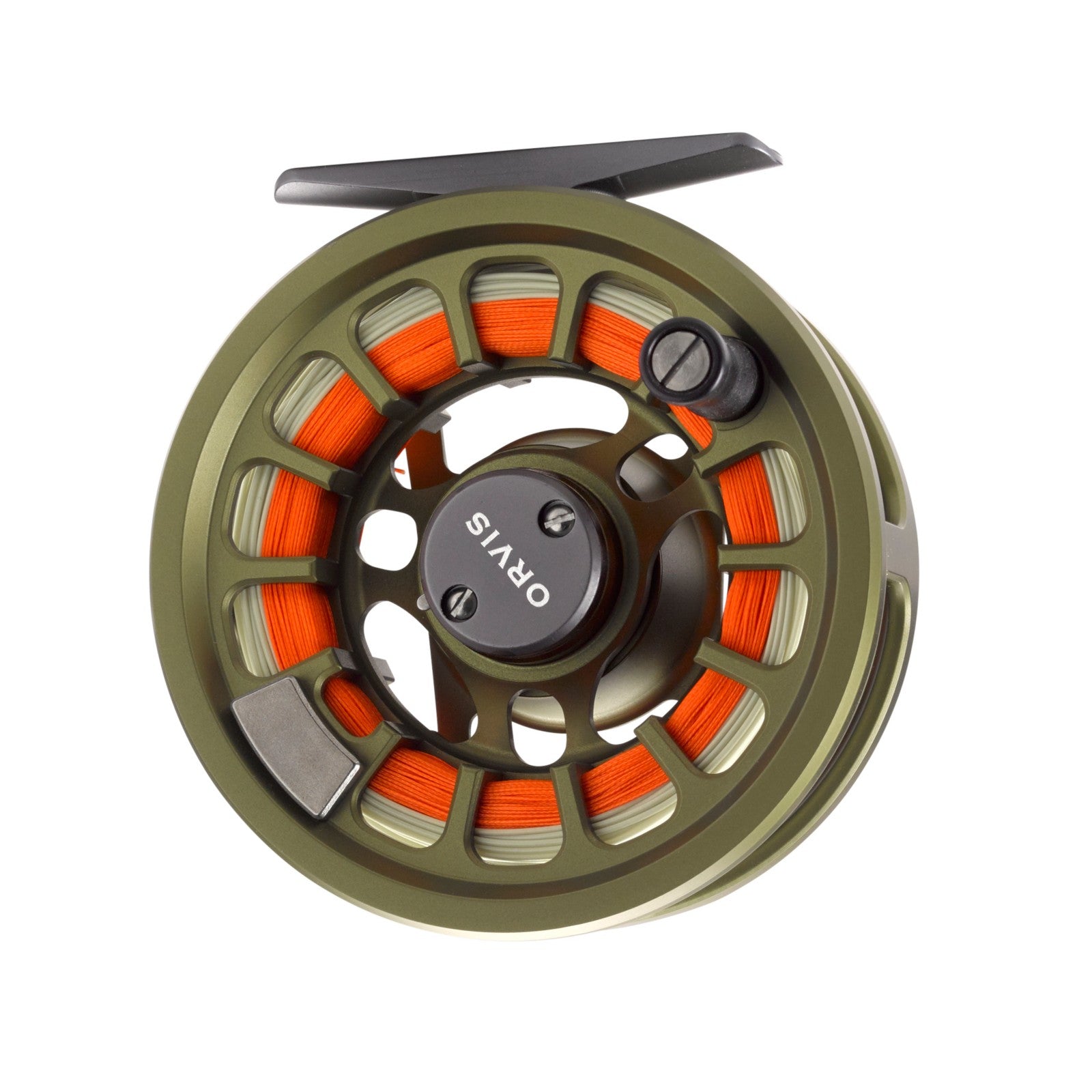Orvis Hydros II Euro fly reel handle side, matte olive spool loaded with orange line, black ORVIS center cap and counterweight