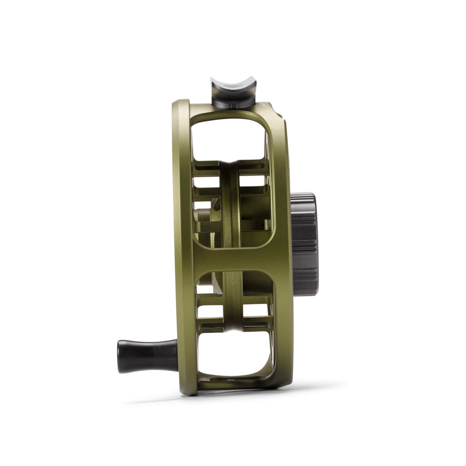 Side profile of the Orvis Hydros II Euro matte olive fly reel showing ventilated full cage frame and black handle knob