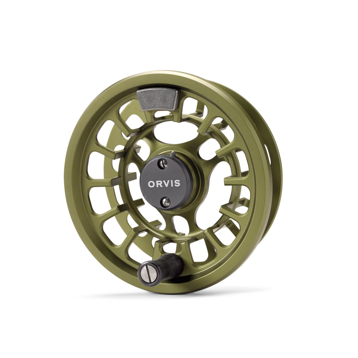 Orvis Hydros II Euro matte olive spool removed from the frame, showing ORVIS center cap, handle knob and counterweight