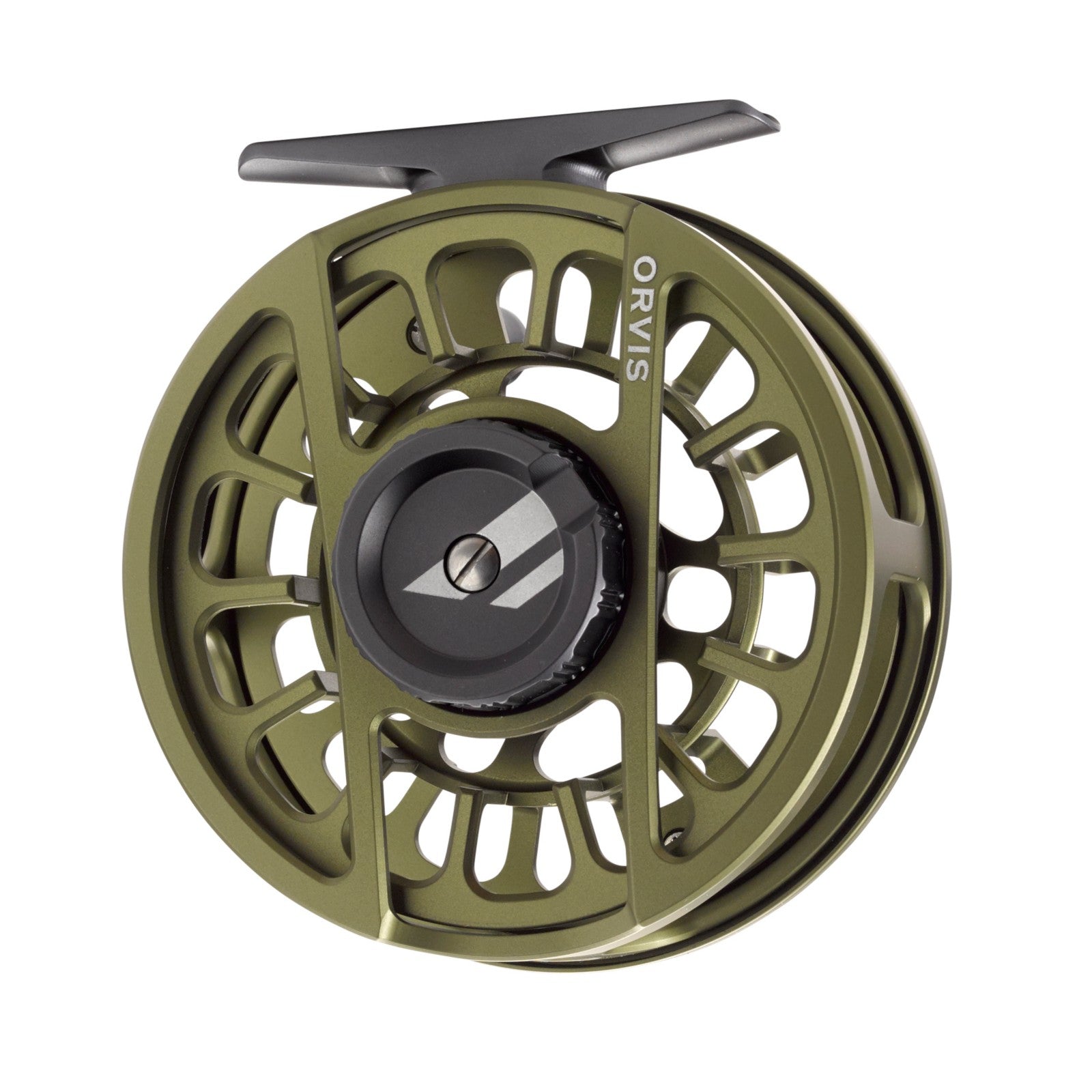 Orvis Hydros II Euro matte olive fly reel showing full cage frame and black drag knob with Orvis sail logo