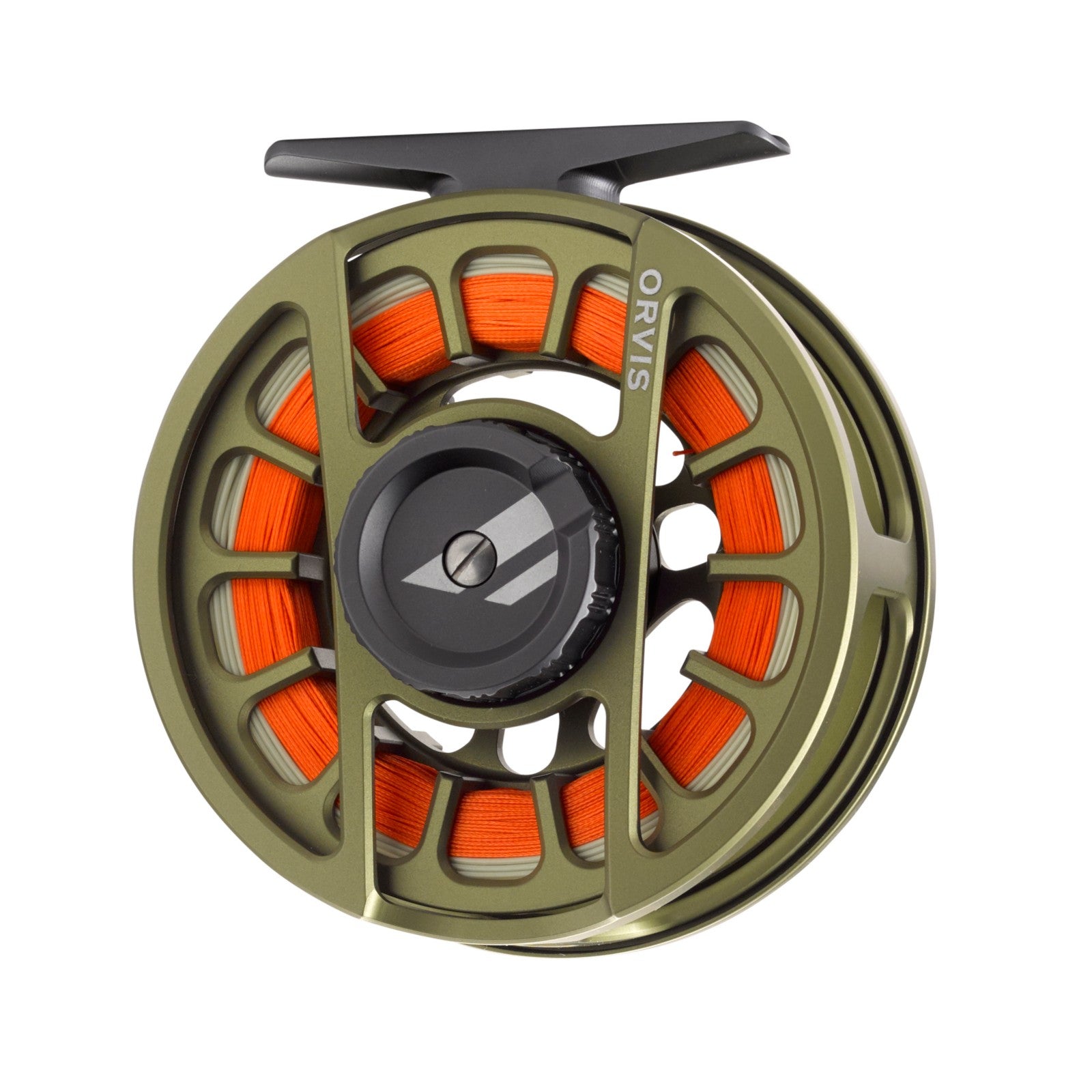Orvis Hydros II Euro fly reel in matte olive, front view, fully caged frame with spool loaded with orange euro nymph line