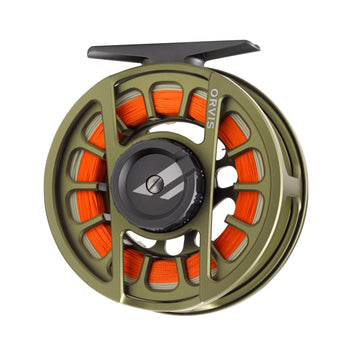 Orvis Hydros II Euro fly reel in matte olive, front view, fully caged frame with spool loaded with orange euro nymph line