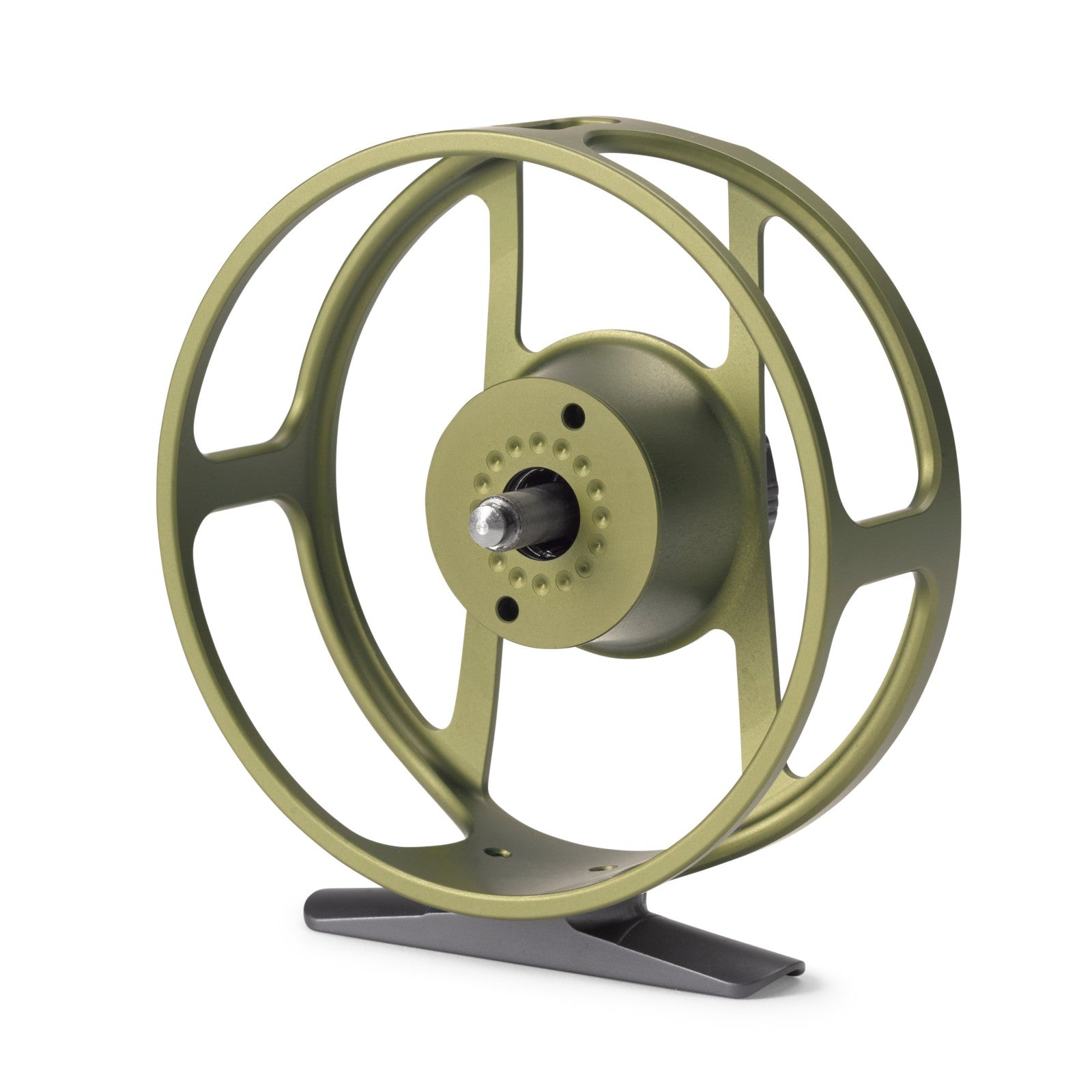 Orvis Hydros II Euro full cage frame with spool removed, showing center spindle, clutch and matte olive finish