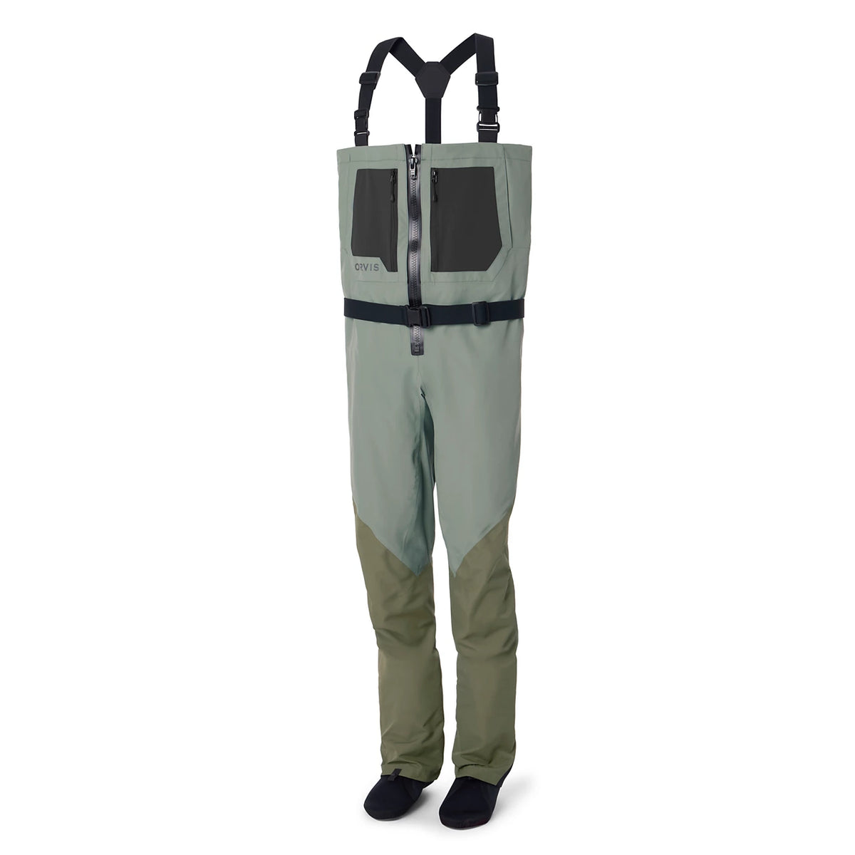 Orvis Clearwater Zip Stockingfoot Waders in sage green with black chest panel and reinforced foot, displayed with shoulder